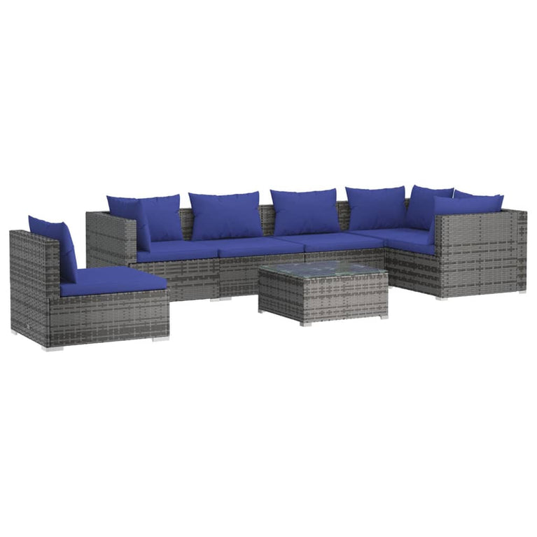 7-delige Loungeset met kussens poly rattan grijs