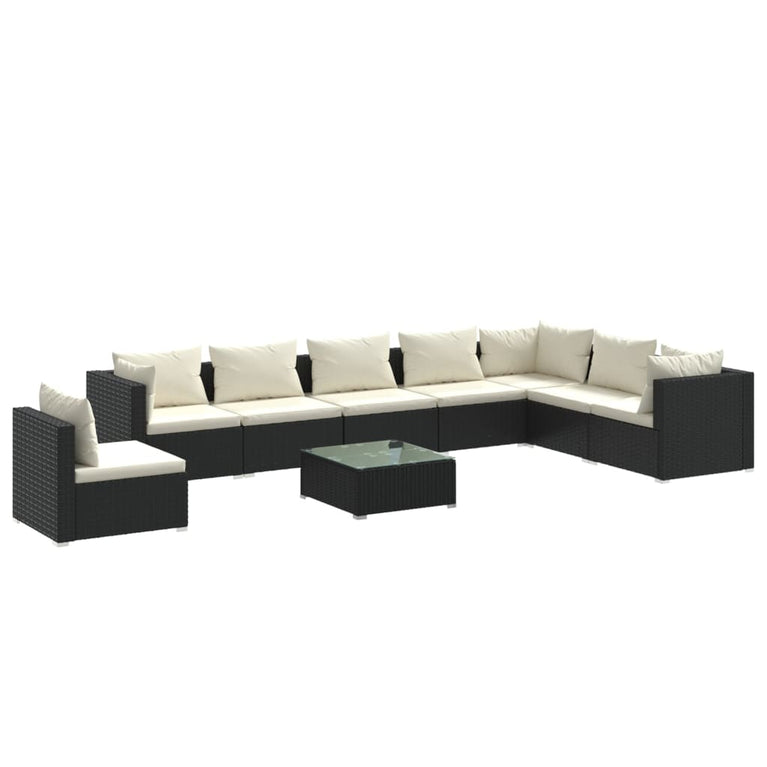 9-delige Loungeset met kussens poly rattan zwart