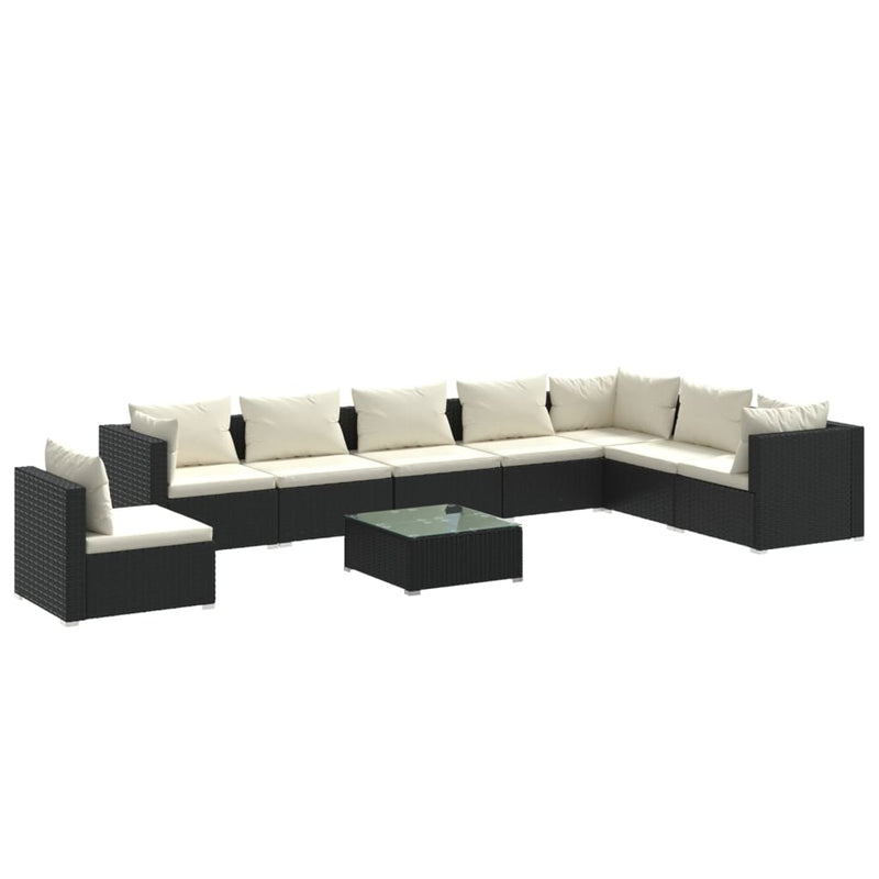 9-delige Loungeset met kussens poly rattan zwart