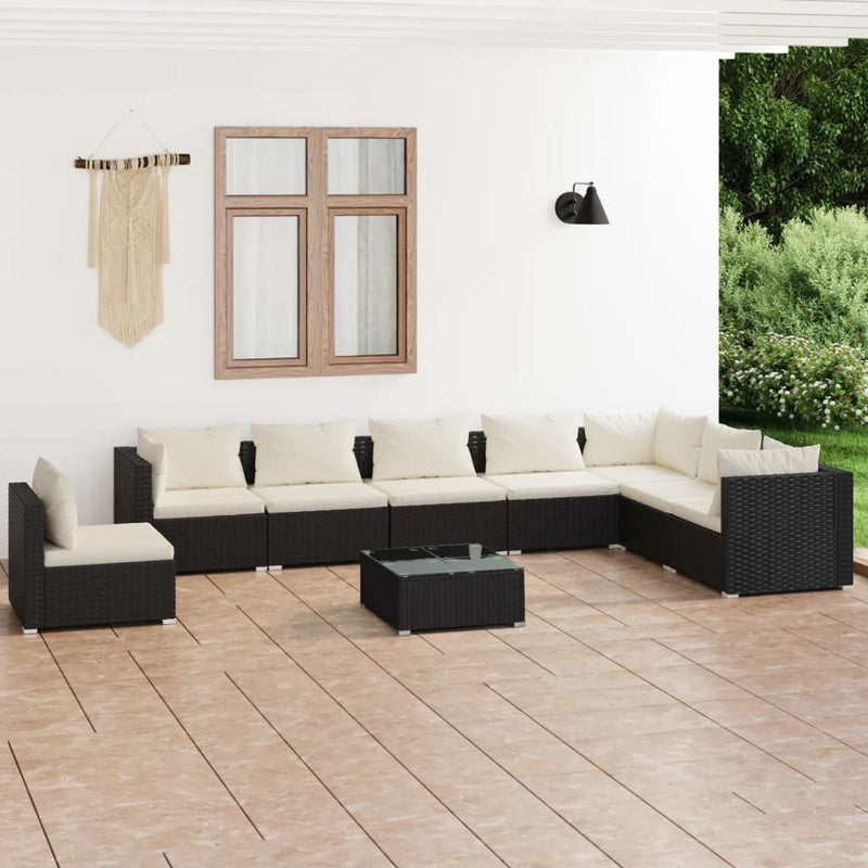 9-delige Loungeset met kussens poly rattan zwart