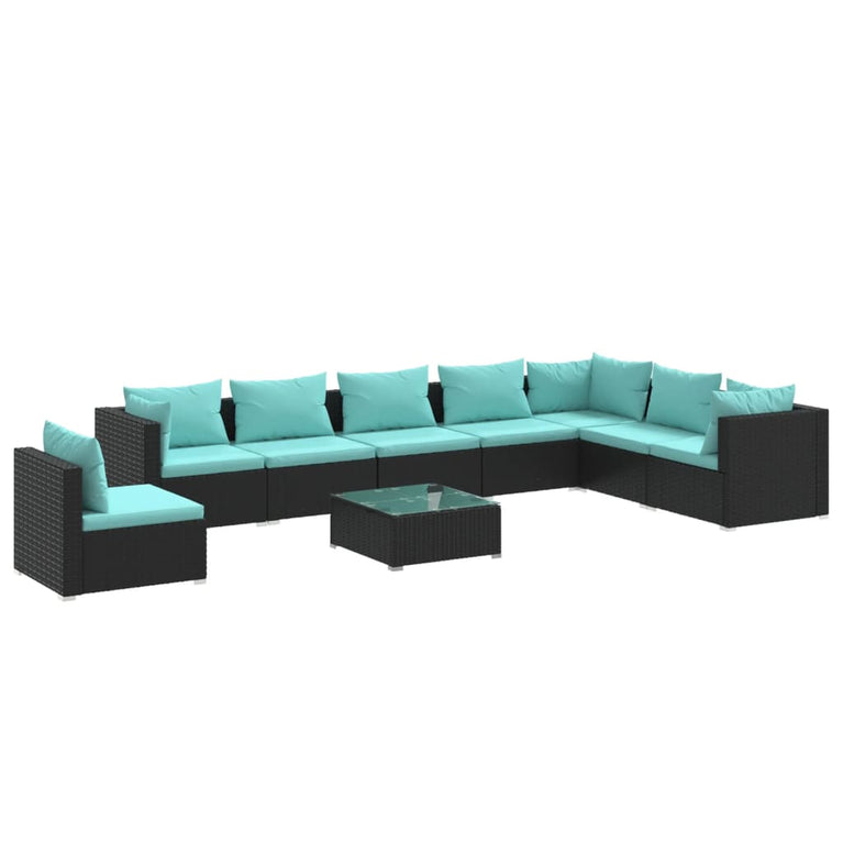 9-delige Loungeset met kussens poly rattan zwart