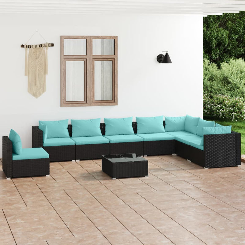 9-delige Loungeset met kussens poly rattan zwart