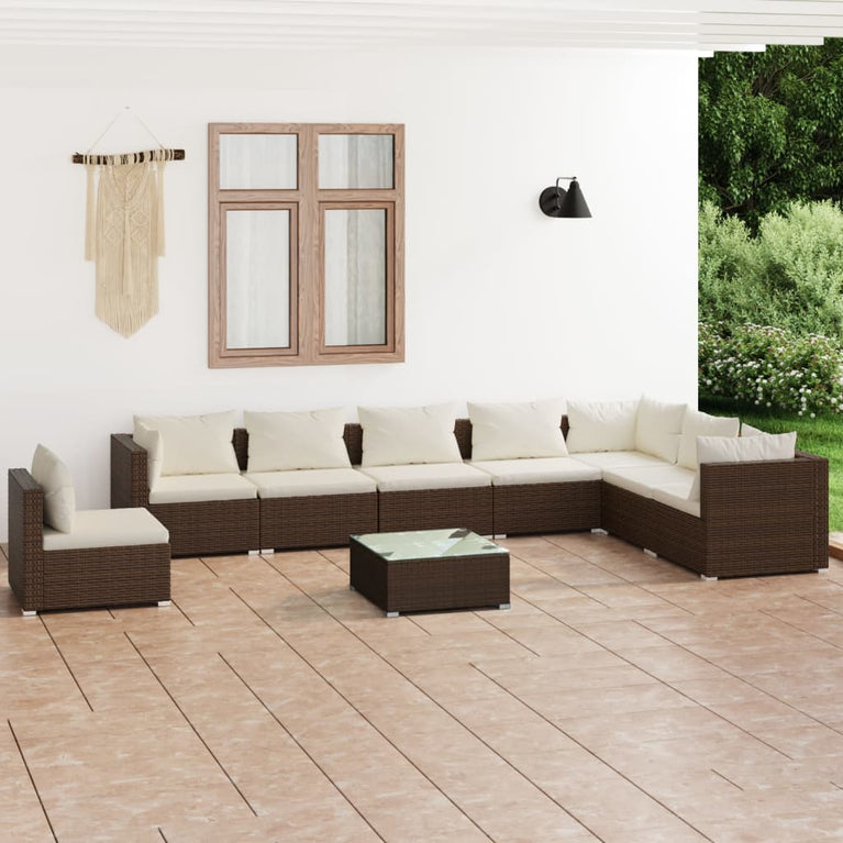 9-delige Loungeset met kussens poly rattan bruin