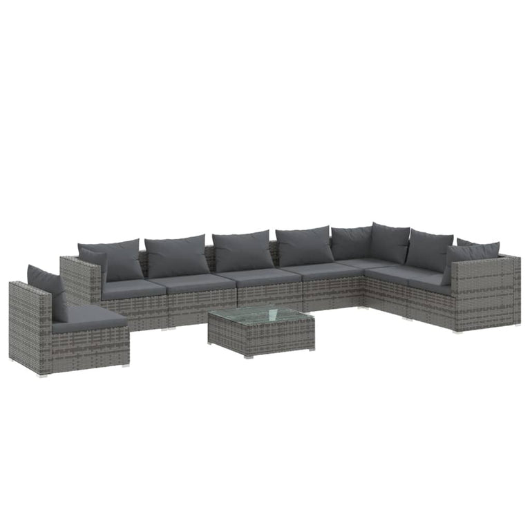 9-delige Loungeset met kussens poly rattan grijs