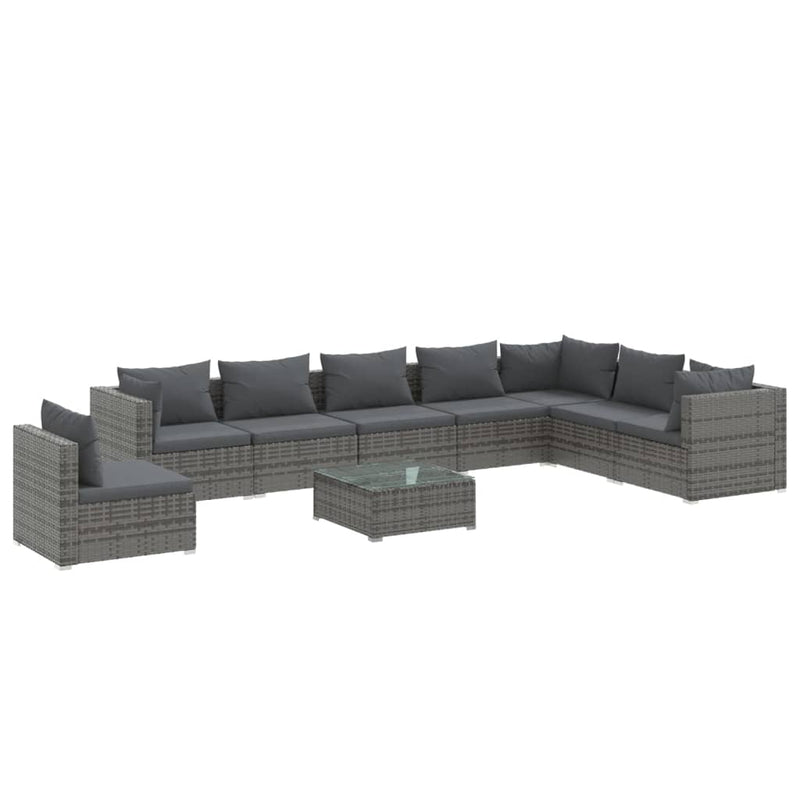 9-delige Loungeset met kussens poly rattan grijs