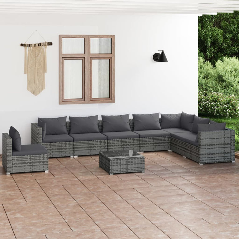 9-delige Loungeset met kussens poly rattan grijs