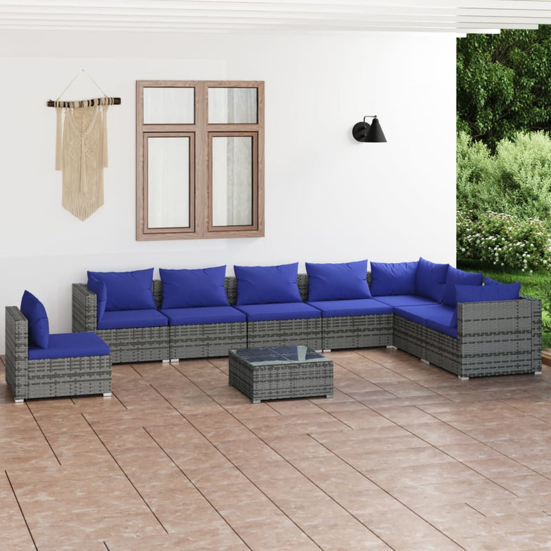 9-delige Loungeset met kussens poly rattan grijs