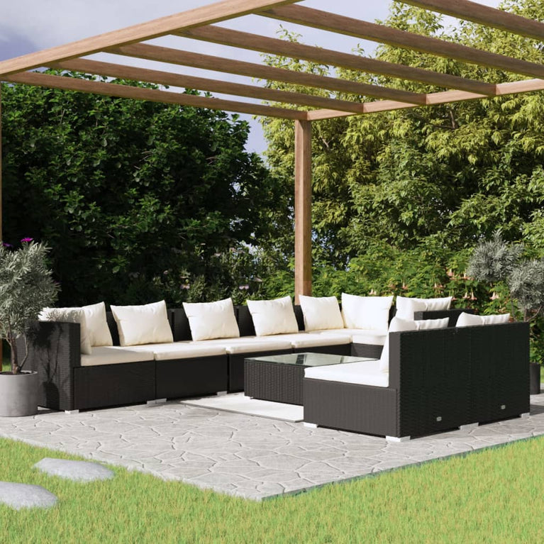 9-delige Loungeset met kussens poly rattan zwart