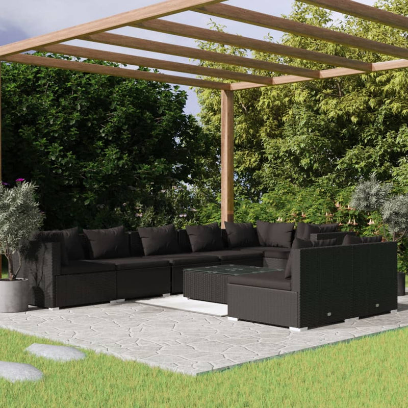 9-delige Loungeset met kussens poly rattan zwart