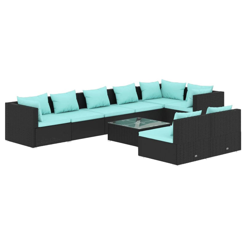 9-delige Loungeset met kussens poly rattan zwart
