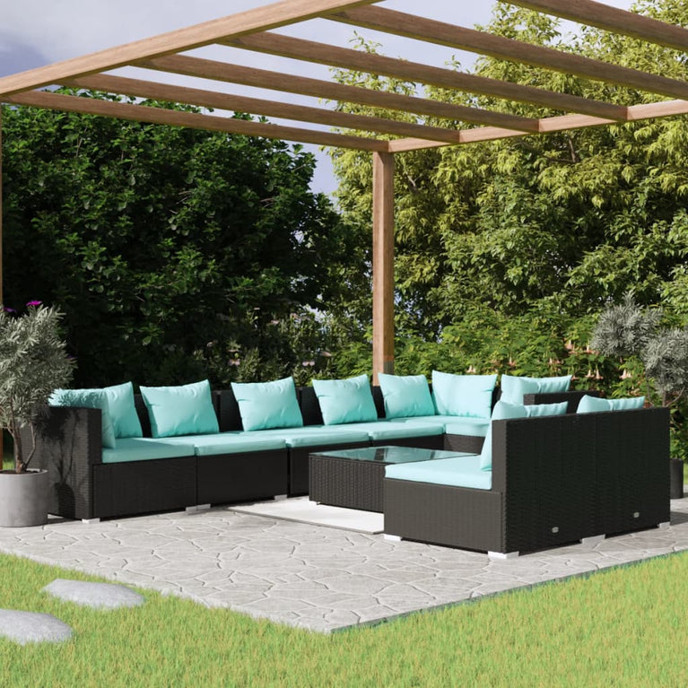 9-delige Loungeset met kussens poly rattan zwart