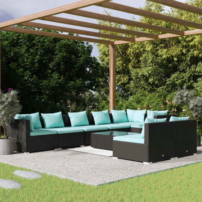 9-delige Loungeset met kussens poly rattan zwart