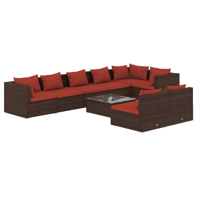 9-delige Loungeset met kussens poly rattan bruin