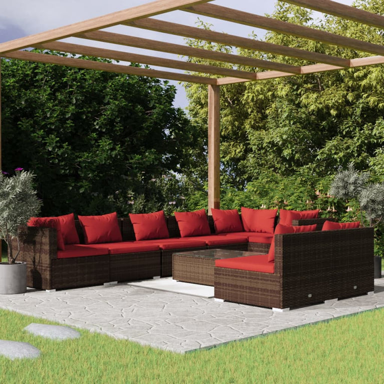 9-delige Loungeset met kussens poly rattan bruin