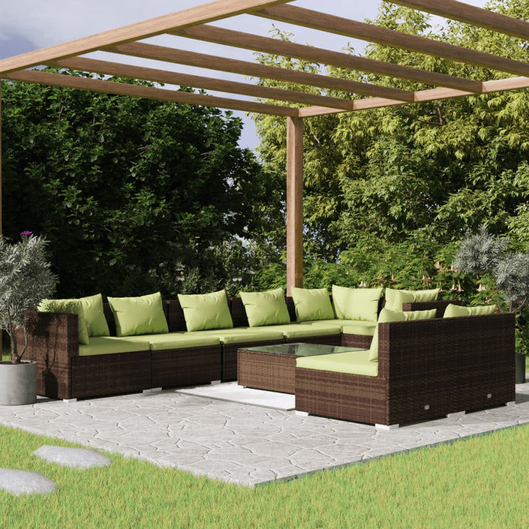 9-delige Loungeset met kussens poly rattan bruin