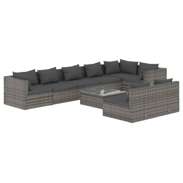 9-delige Loungeset met kussens poly rattan grijs