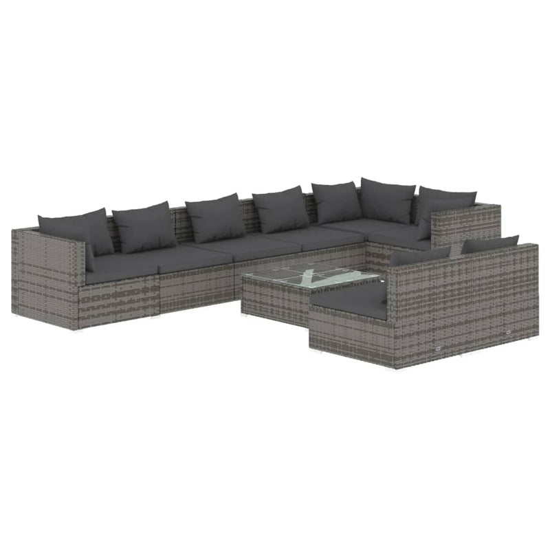 9-delige Loungeset met kussens poly rattan grijs
