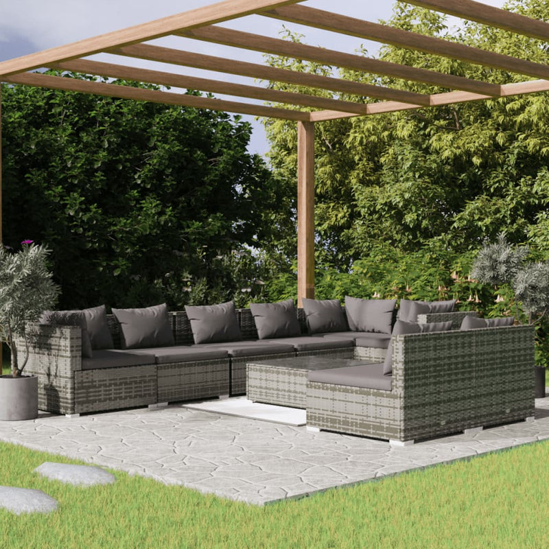 9-delige Loungeset met kussens poly rattan grijs
