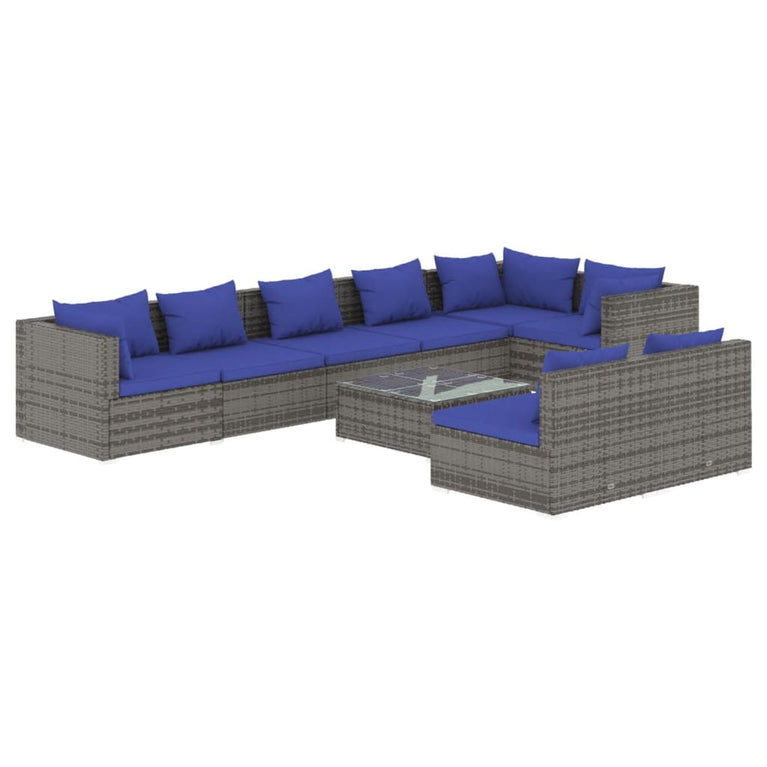 9-delige Loungeset met kussens poly rattan grijs