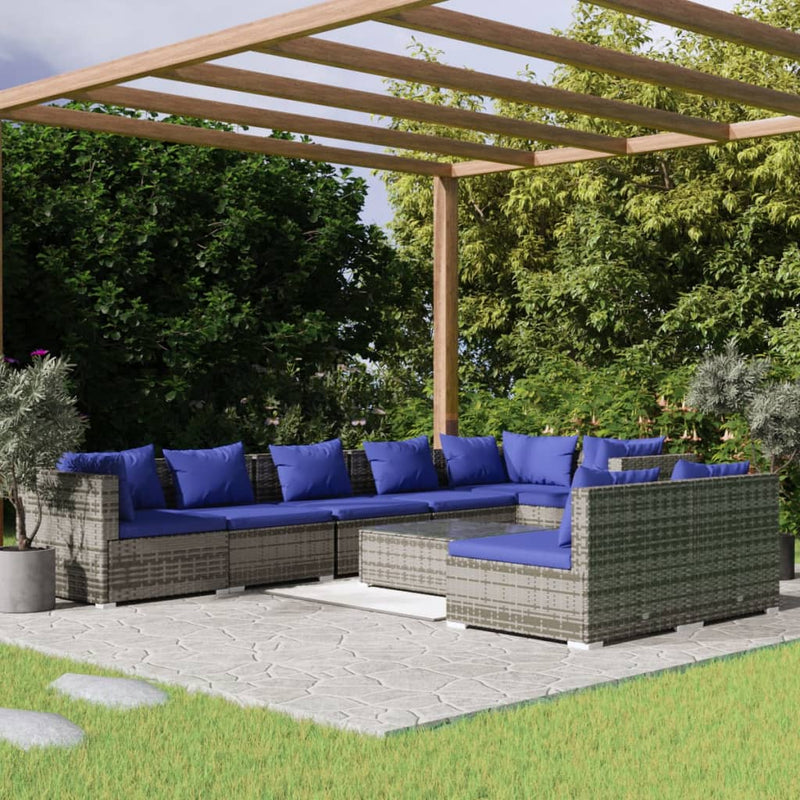 9-delige Loungeset met kussens poly rattan grijs