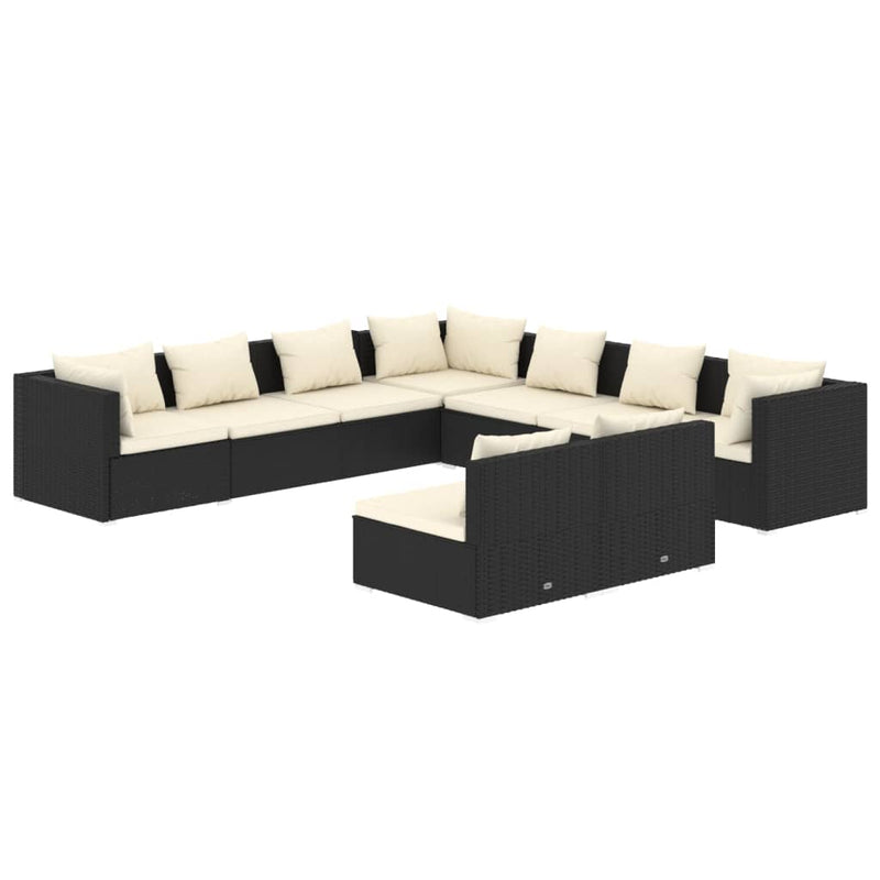 9-delige Loungeset met kussens poly rattan zwart