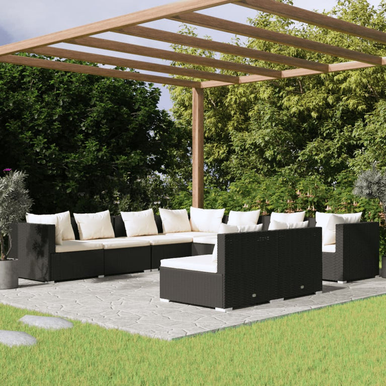 9-delige Loungeset met kussens poly rattan zwart