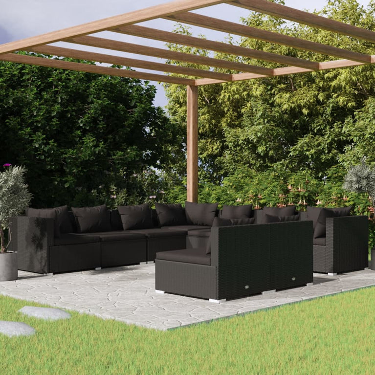 9-delige Loungeset met kussens poly rattan zwart MeubelReus