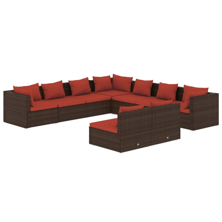 9-delige Loungeset met kussens poly rattan bruin