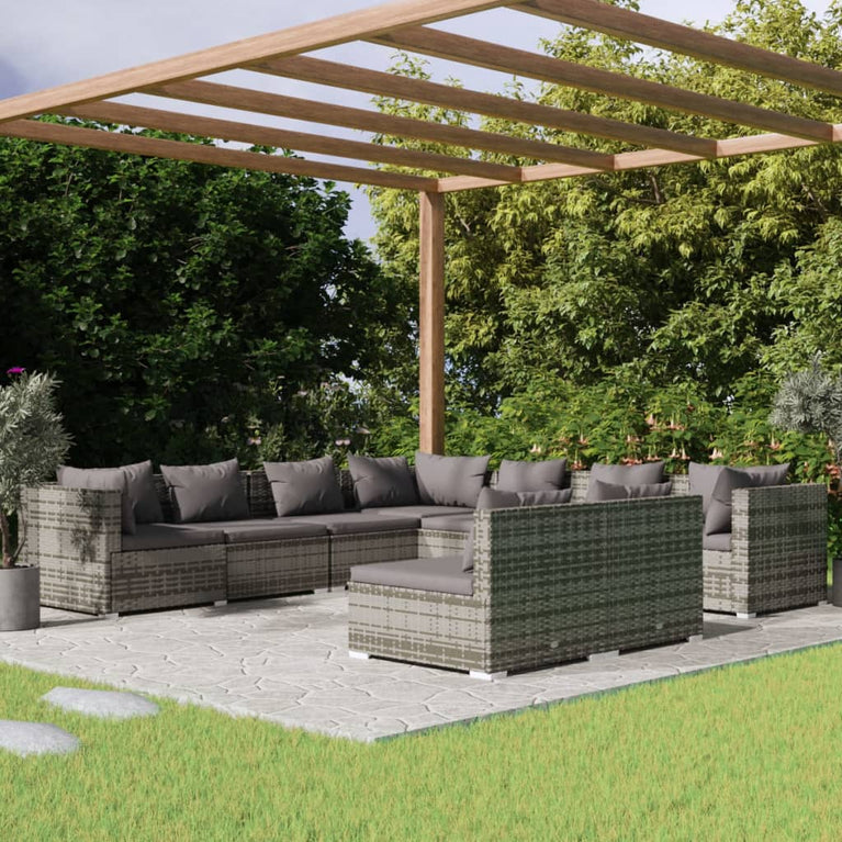 9-delige Loungeset met kussens poly rattan grijs MeubelReus