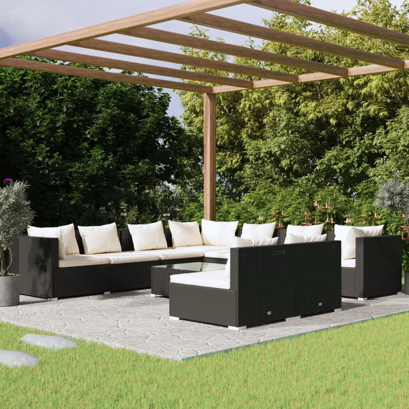 10-delige Loungeset met kussens poly rattan zwart