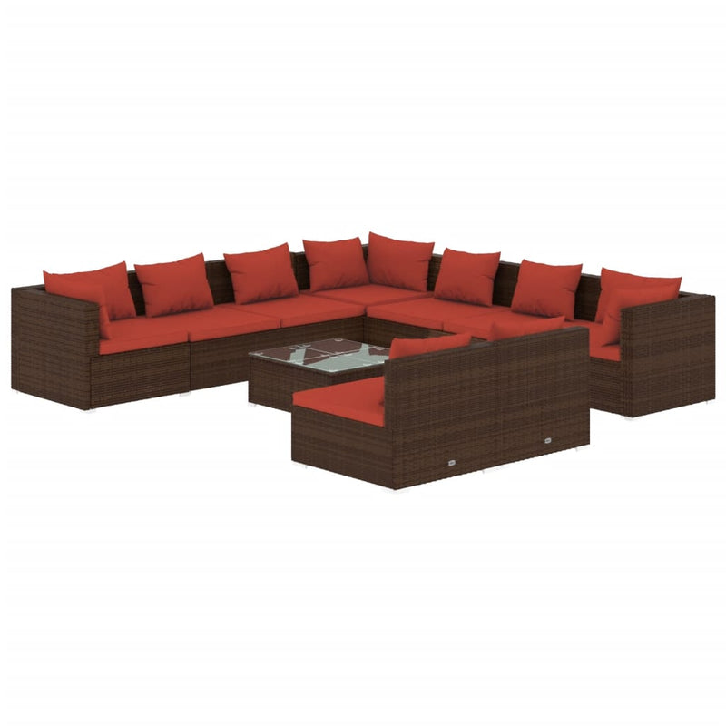 10-delige Loungeset met kussens poly rattan bruin