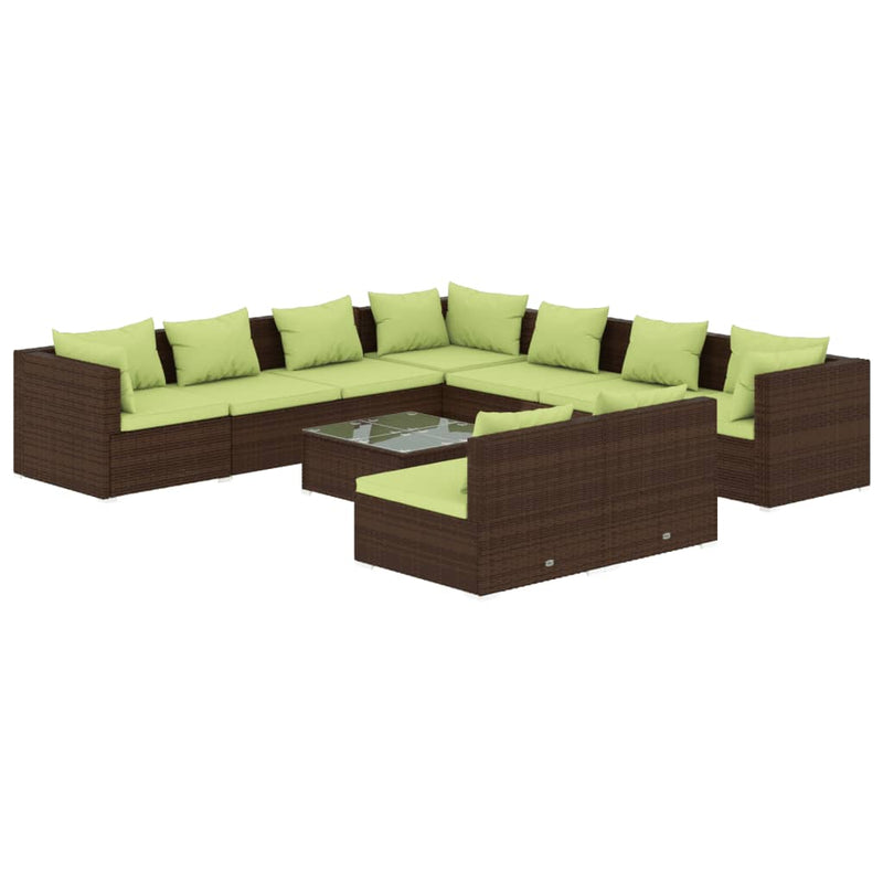 10-delige Loungeset met kussens poly rattan bruin