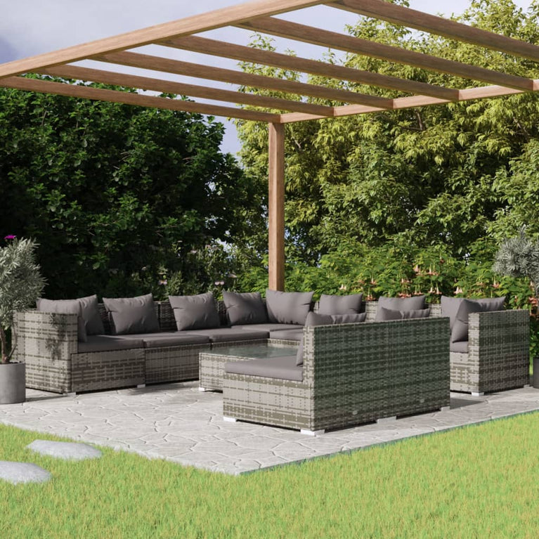 10-delige Loungeset met kussens poly rattan grijs
