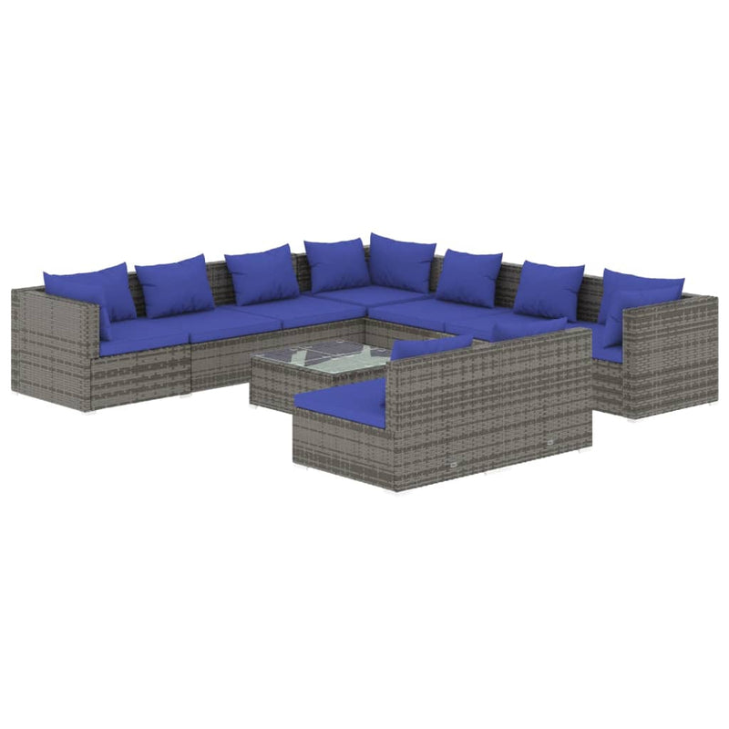 10-delige Loungeset met kussens poly rattan grijs