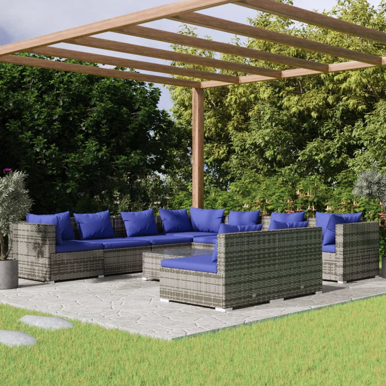 10-delige Loungeset met kussens poly rattan grijs