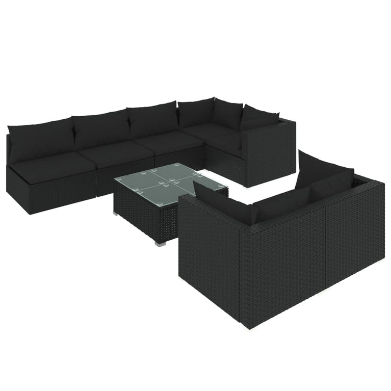 8-delige Loungeset met kussens poly rattan zwart
