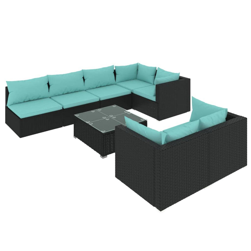 8-delige Loungeset met kussens poly rattan zwart