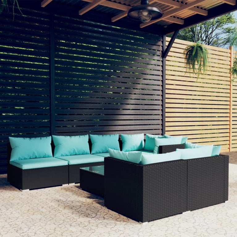 8-delige Loungeset met kussens poly rattan zwart