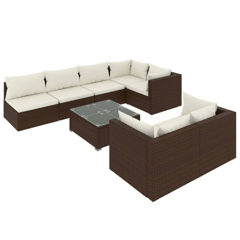 8-delige Loungeset met kussens poly rattan bruin