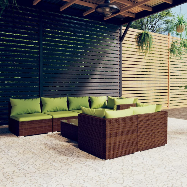 8-delige Loungeset met kussens poly rattan bruin