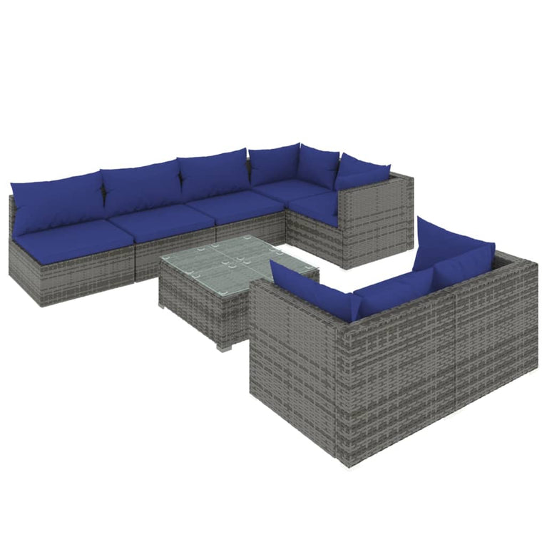 8-delige Loungeset met kussens poly rattan grijs
