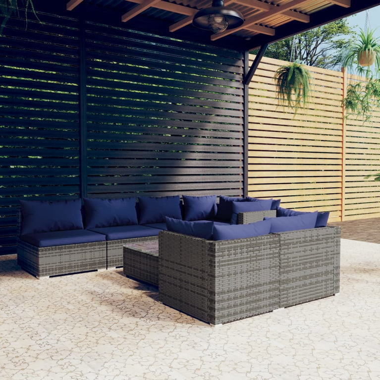 8-delige Loungeset met kussens poly rattan grijs