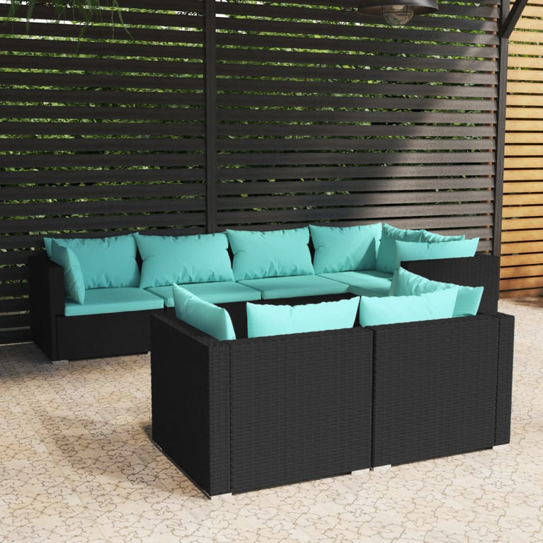7-delige Loungeset met kussens poly rattan zwart MeubelReus