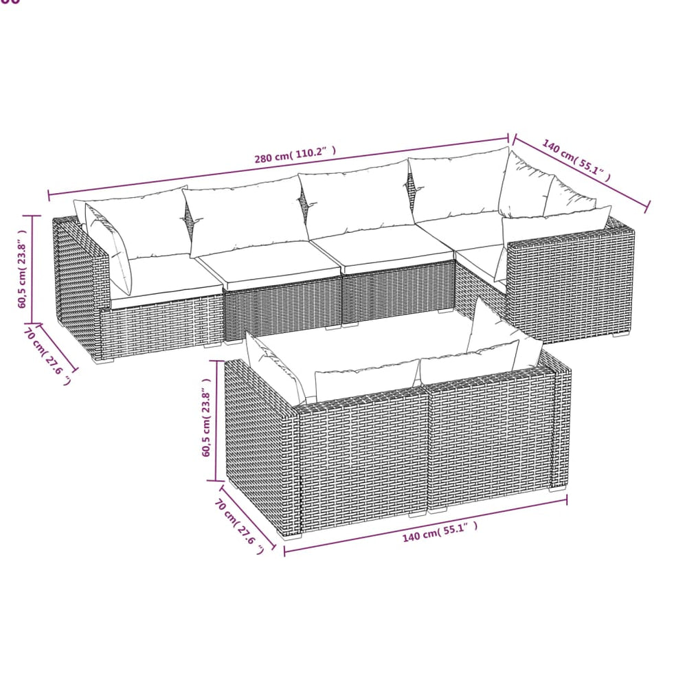 7-delige Loungeset met kussens poly rattan grijs MeubelReus