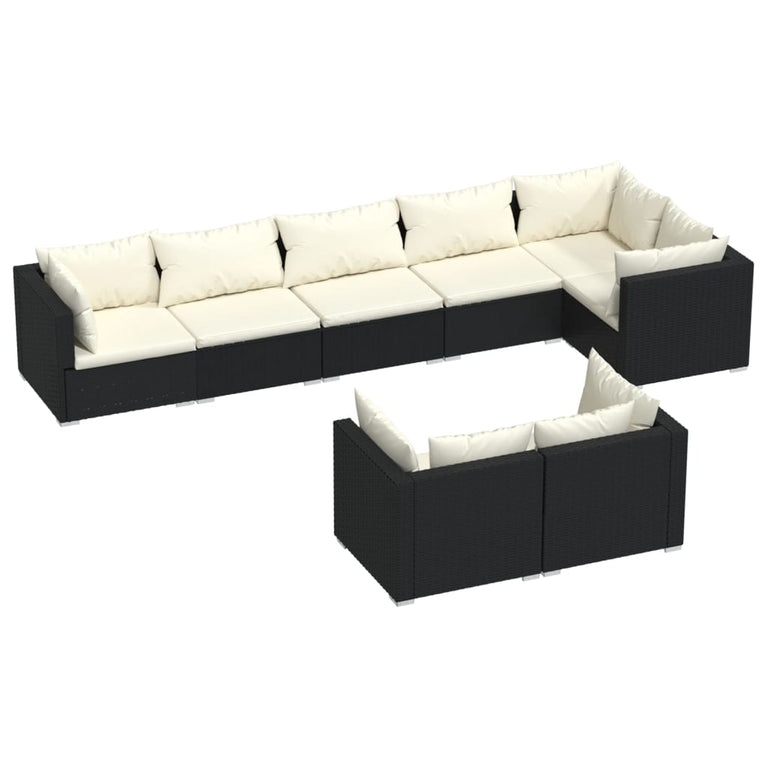 8-delige Loungeset met kussens poly rattan zwart
