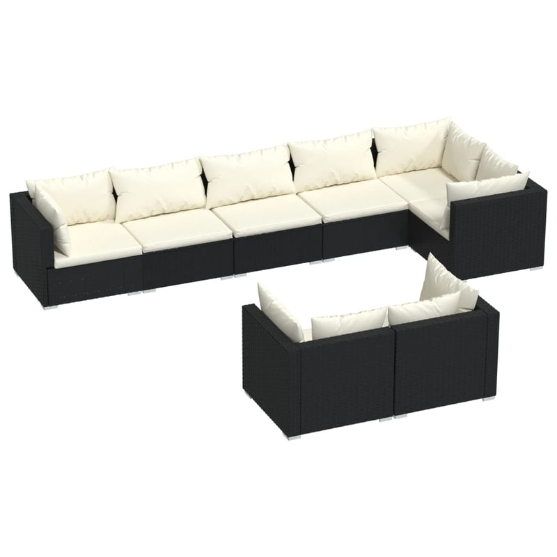 8-delige Loungeset met kussens poly rattan zwart