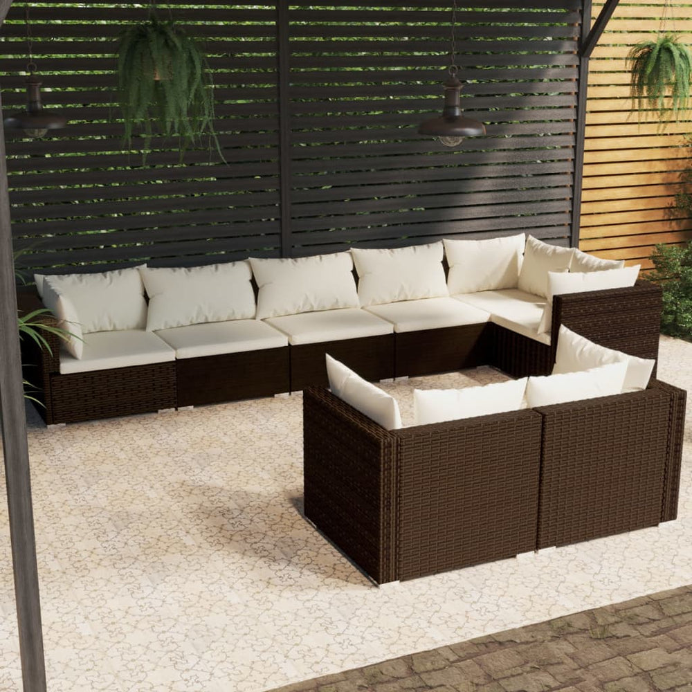 8-delige Loungeset met kussens poly rattan bruin 
