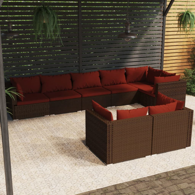 8-delige Loungeset met kussens poly rattan bruin