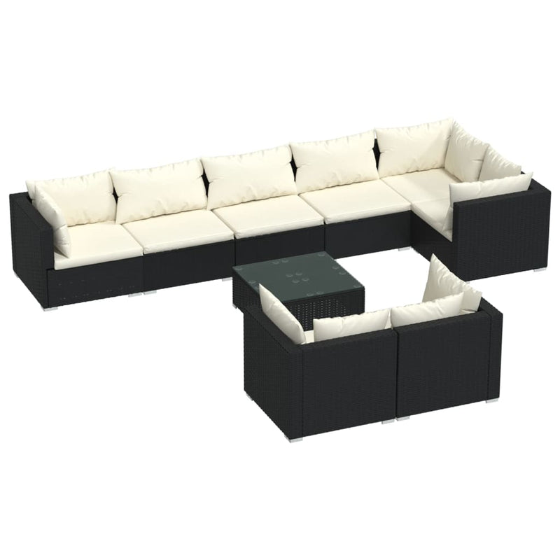 9-delige Loungeset met kussens poly rattan zwart