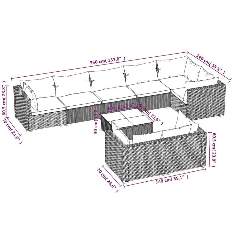 9-delige Loungeset met kussens poly rattan zwart